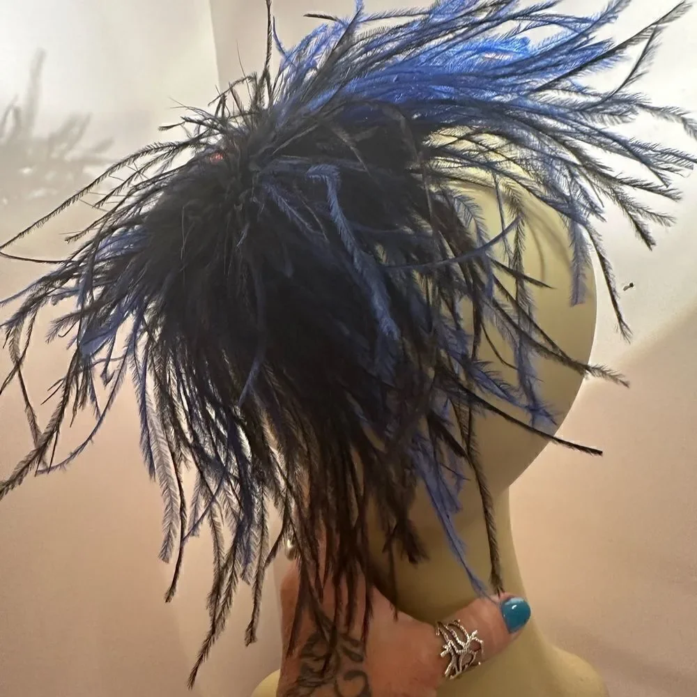 Taissa Lada Handmade Feather Fascinator Maribou Satin Lace Blue Black